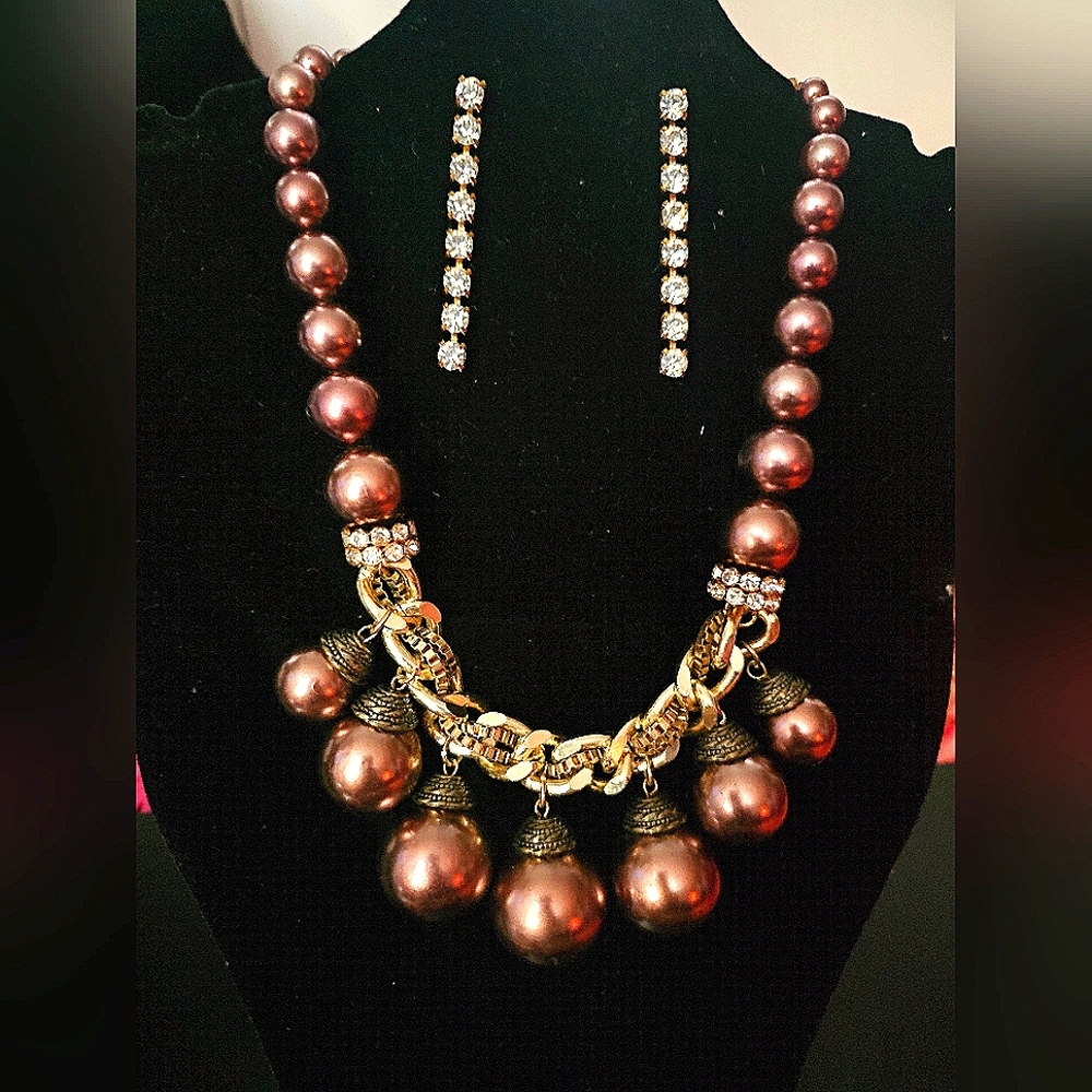Womens Faux Pearl Necklaces And Rhinestone Earring 3 Piece Set